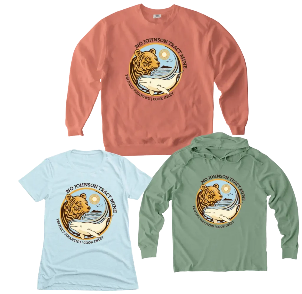 Several pieces of clothing with the "No Johnson Tract Mine" campaign logo